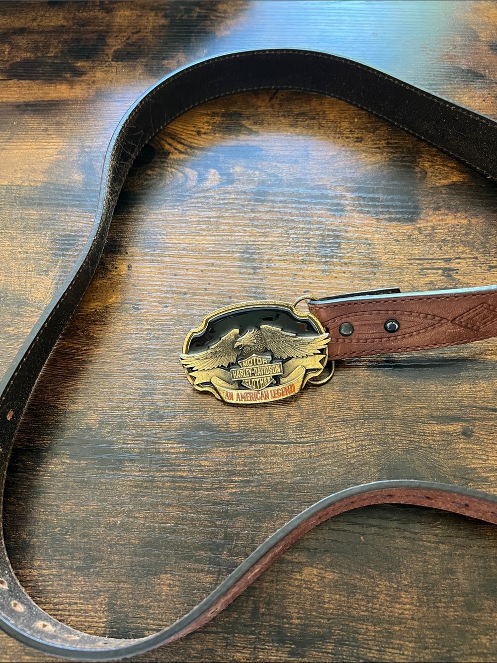 Harley-Davidson Brown Leather Belt with Gold Eagle Buckle 49 inches lether